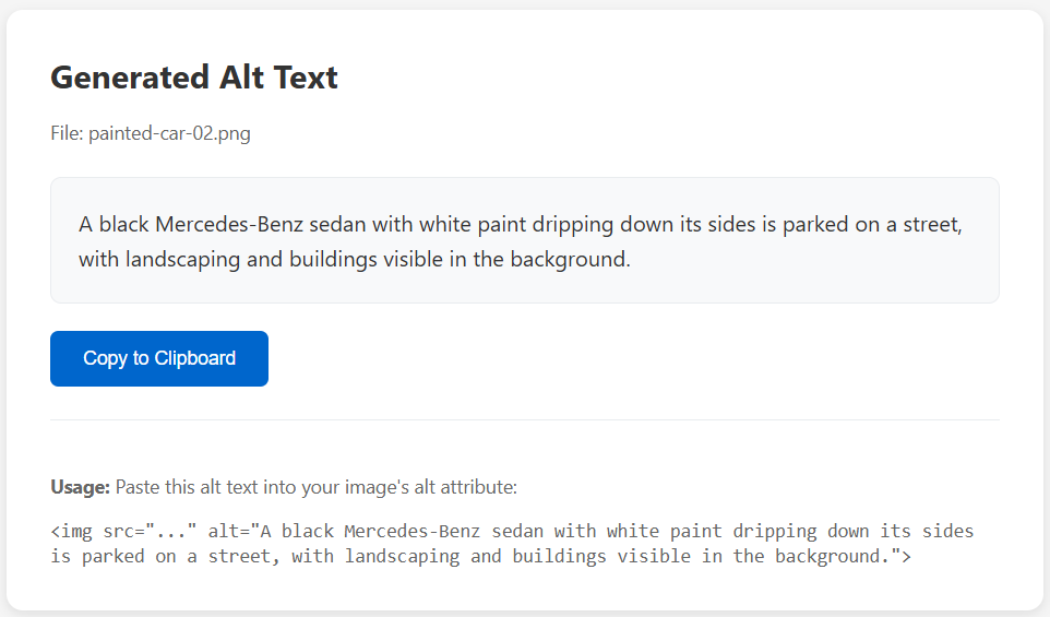 A web page showing AI generated alt text of an image with a Copy to Clipboard button.
