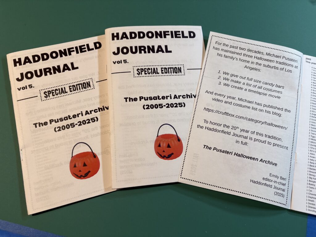 Two copies of the Haddonfield Journal vol 5 special edition featuring "The Pusateri Archive (2005-2025)" with Halloween pumpkin icons, alongside a detailed article about Michael Pusateri's 20-year Halloween tradition in Los Angeles.