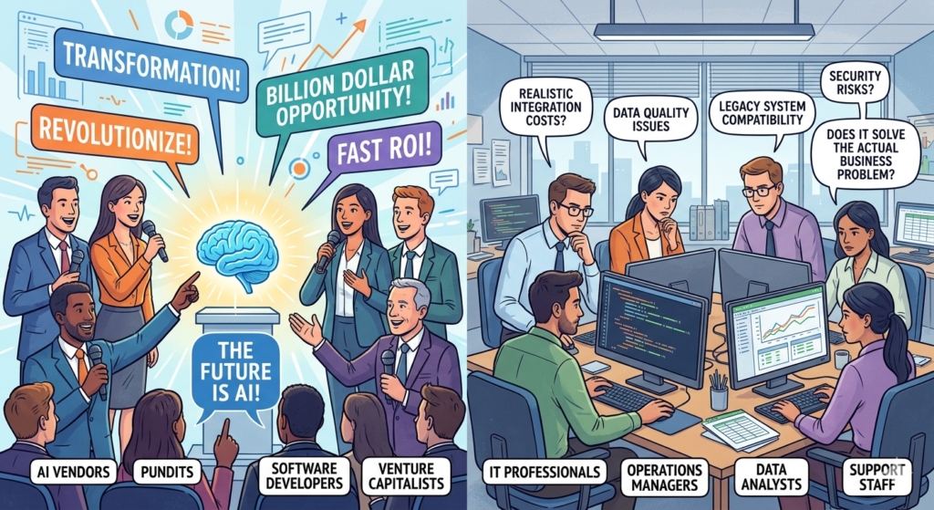 A split illustration showing AI vendors and investors on the left enthusiastically promoting AI with buzzwords like "TRANSFORMATION!" and "BILLION DOLLAR OPPORTUNITY!" while IT professionals and operations staff on the right express concerns about realistic costs, data quality issues, and security risks.