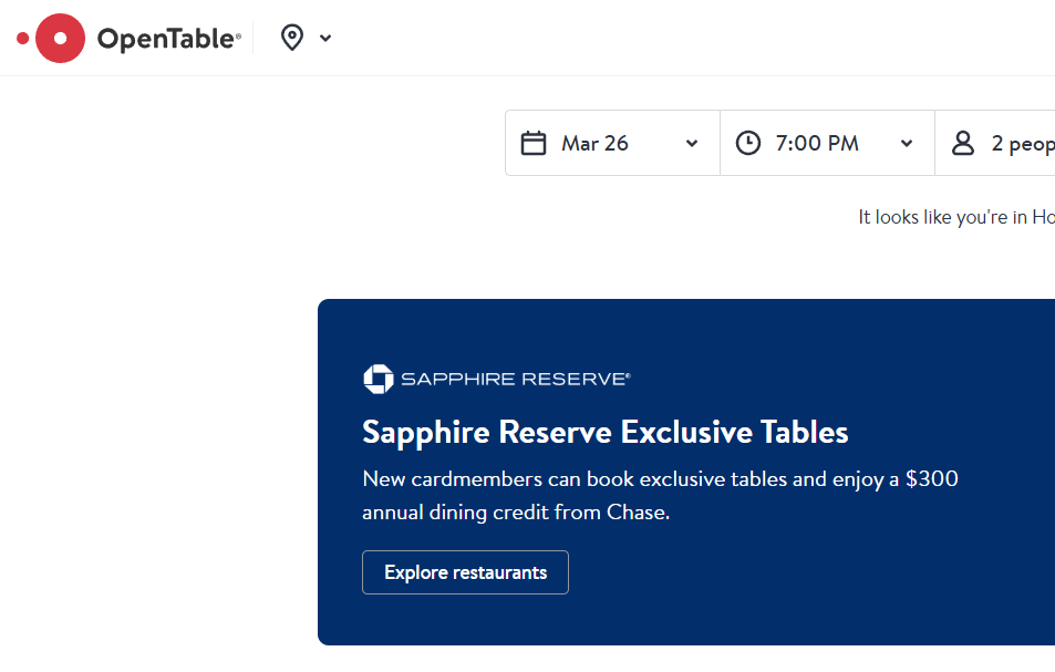 OpenTable website header showing date selector set to March 26, time set to 7:00 PM, and party size of 2 people, with a Chase Sapphire Reserve promotional banner advertising exclusive tables and a $300 annual dining credit.