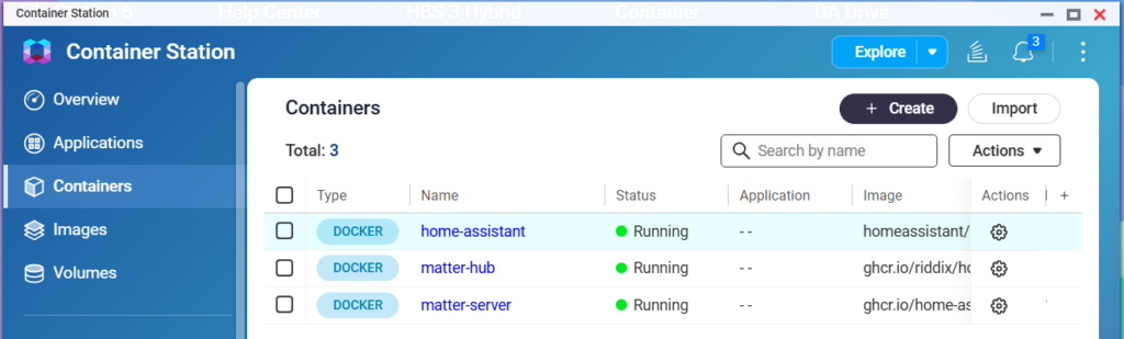 Container Station dashboard showing a list of 3 running Docker containers including home-assistant, matter-hub, and matter-server with their respective statuses and images.
