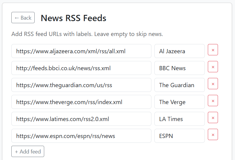 A web form for configuring news RSS feeds showing six pre-filled entries including Al Jazeera, BBC News, The Guardian, The Verge, LA Times, and ESPN, each with their corresponding RSS URLs and remove buttons.