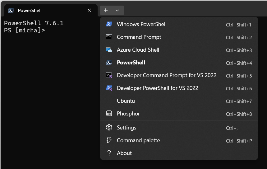 Windows Terminal dropdown menu showing various shell options including PowerShell, Command Prompt, Azure Cloud Shell, Phosphor, and Developer tools, along with settings and utility options at the bottom.