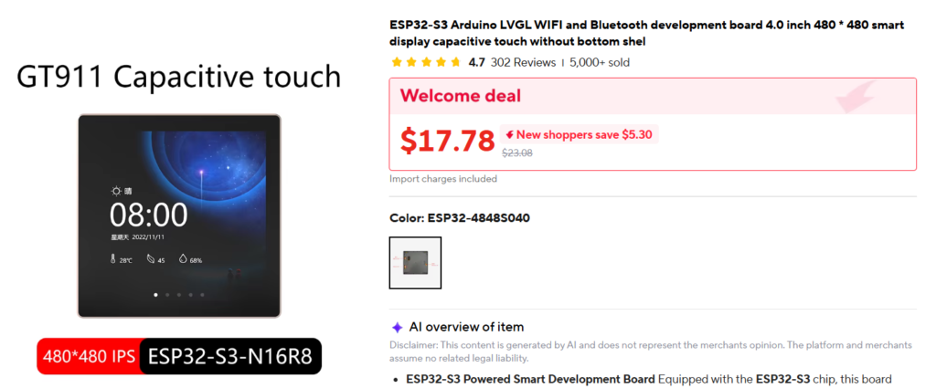 Back view of an ESP32-S3 Arduino smart display development board showing a dark gray enclosure with labeled speaker connector (MX1.25 2P), listed on an e-commerce site for $17.78 with a 4.7-star rating.