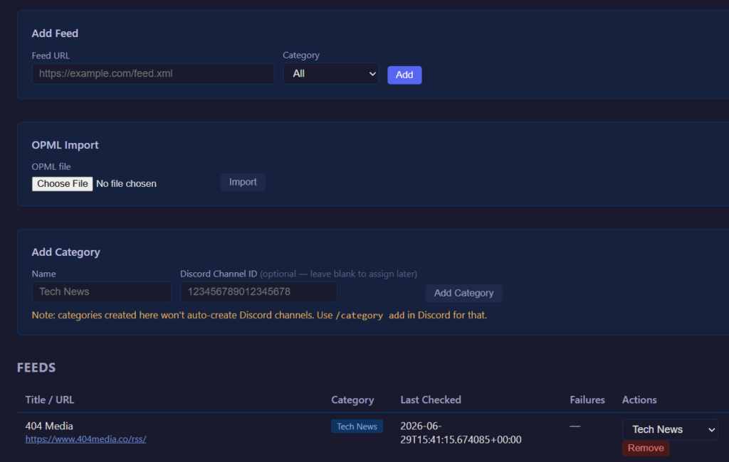 A dark-themed RSS feed management dashboard showing sections for adding feeds by URL, importing OPML files, and creating categories with optional Discord Channel ID integration, with a feeds table listing "404 Media" as an existing entry under the "Tech News" category.