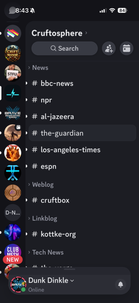 A Discord server called "Cruftosphere" displaying a channel list in dark mode, organized into categories including News (bbc-news, npr, al-jazeera, the-guardian, los-angeles-times, espn), Weblog (cruftbox), Linkblog (kottke-org), and Tech News, with the user "Dunk Dinkle" shown as online at the bottom.