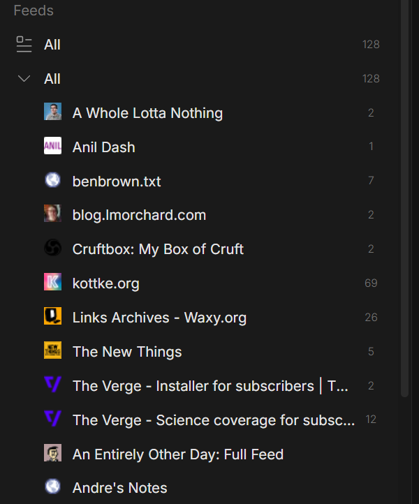 A dark-themed RSS feed reader sidebar showing a list of blog subscriptions including kottke.org (69 unread), Links Archives - Waxy.org (26 unread), and The Verge feeds, with a total of 128 unread items across all feeds.