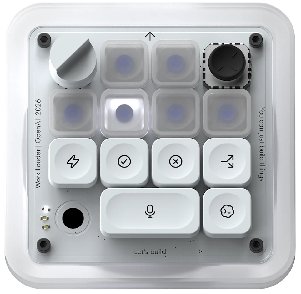 White Work Louder x OpenAI 2026 macropad with a rotary knob, a black joystick, and icon keys including a microphone and terminal prompt. Side text reads "You can just build things."