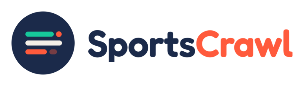 SportsCrawl logo featuring a dark navy circle with colorful horizontal bar lines on the left, alongside the brand name with "Sports" in navy and "Crawl" in orange bold text.
