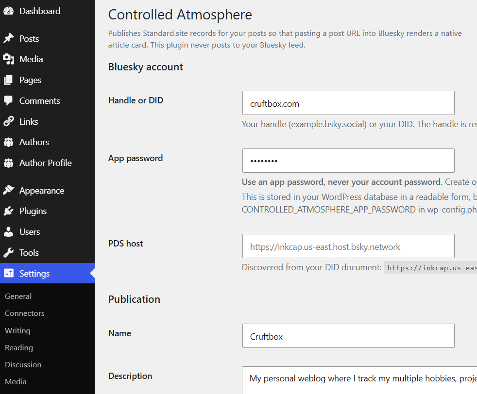 WordPress admin settings page for the "Controlled Atmosphere" plugin, showing configuration fields for a Bluesky account including handle (cruftbox.com), app password, PDS host URL, and publication details for a blog called "Cruftbox."