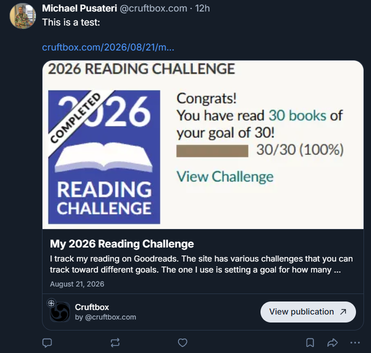 A social media post by Michael Pusateri showing a Goodreads 2026 Reading Challenge completion badge, with a congratulatory message stating he read 30 out of 30 books, achieving 100% of his goal with a View Publication badge.
