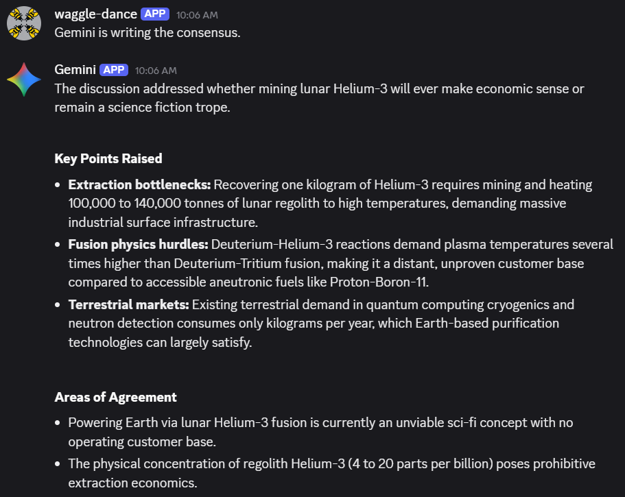 A Discord conversation showing waggle-dance bot triggering Gemini AI to summarize a discussion about lunar Helium-3 mining economics, with the consensus highlighting extraction bottlenecks, fusion physics hurdles, and limited terrestrial markets, concluding it remains an unviable sci-fi concept.