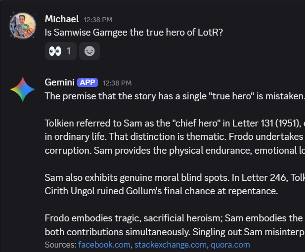A Discord conversation where user Michael asks "Is Samwise Gamgee the true hero of LotR?" and the Gemini AI app responds with a detailed analysis referencing Tolkien's Letters 131 and 246, arguing the story has multiple heroes rather than a single "true hero."