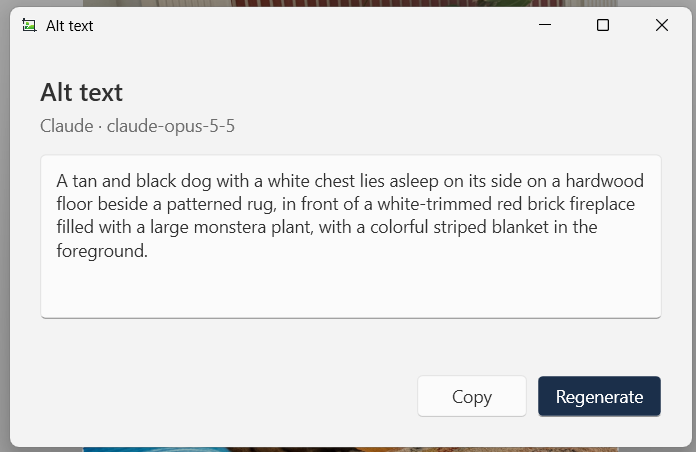 A screenshot of an "Alt text" dialog box from a Windows application powered by Claude (claude-opus-5-5), displaying an auto-generated image description with Copy and Regenerate buttons.