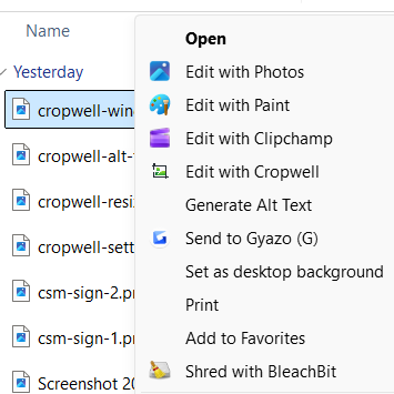 A Windows File Explorer context menu showing right-click options for an image file named "cropwell-win," including options such as Open, Edit with Photos, Edit with Paint, Edit with Clipchamp, Edit with Cropwell, Generate Alt Text, Send to Gyazo, Set as desktop background, Print, Add to Favorites, and Shred with BleachBit.