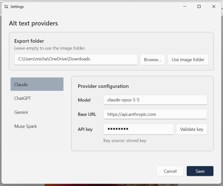 Settings dialog for "Alt text providers" application showing an export folder path (C:\Users\micha\OneDrive\Downloads), with Claude selected as the active AI provider, configured with model "claude-opus-5-5", Anthropic's API base URL, and a stored API key.