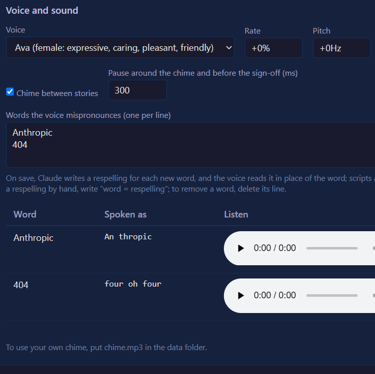 A dark-themed "Voice and sound" settings panel showing options for text-to-speech configuration, including a voice selector set to "Ava (female: expressive, caring, pleasant, friendly)," rate and pitch controls, chime settings, and a pronunciation correction table showing "Anthropic" spoken as "An thropic" and "404" spoken as "four oh four."