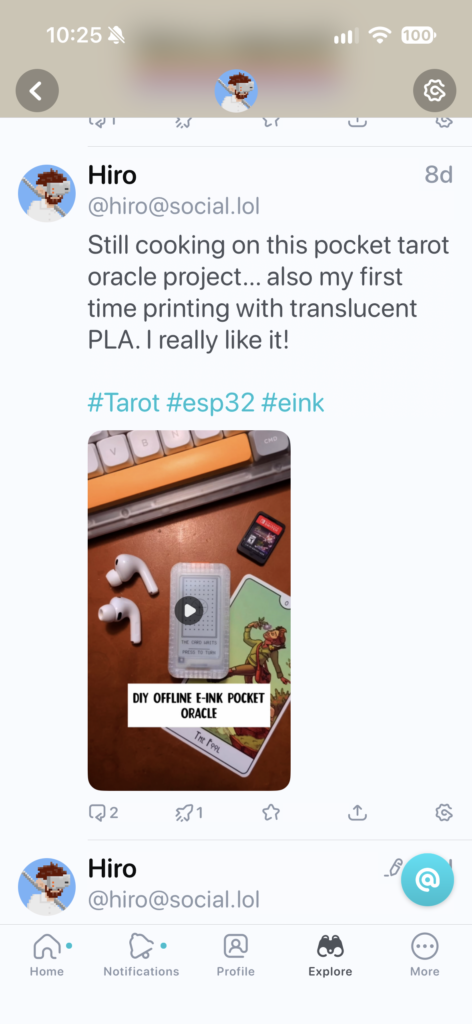 A Mastodon post by user Hiro (@hiro@social.lol) sharing progress on a DIY offline e-ink pocket tarot oracle project built with ESP32, featuring a thumbnail video showing a small translucent 3D-printed device next to AirPods, a tarot card, and a keyboard.