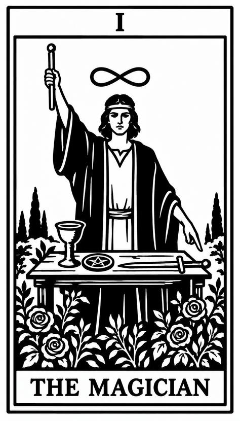 The Magician tarot card (numbered I) depicting a robed figure holding a wand aloft beneath an infinity symbol, standing before a table bearing a cup, pentacle, and sword, surrounded by roses and foliage.