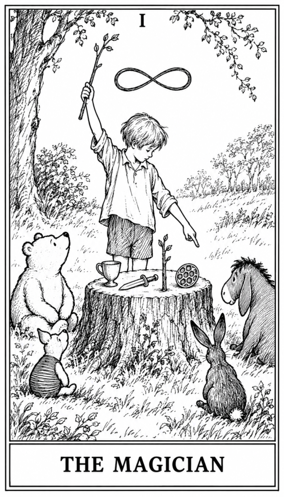 A black-and-white tarot card labeled "I – The Magician," depicting a young boy in a woodland clearing raising a wand above a tree stump altar bearing a cup, sword, pentacle, and wand, surrounded by Winnie-the-Pooh characters including Pooh, Piglet, Eeyore, and Rabbit, with an infinity symbol floating above.