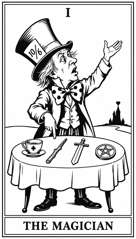 A black and white tarot card labeled "I - The Magician" depicting the Mad Hatter from Alice in Wonderland, wearing a top hat marked "10/6," gesturing dramatically over a table bearing a teacup, wand, sword, and pentacle—the four suits of the tarot.